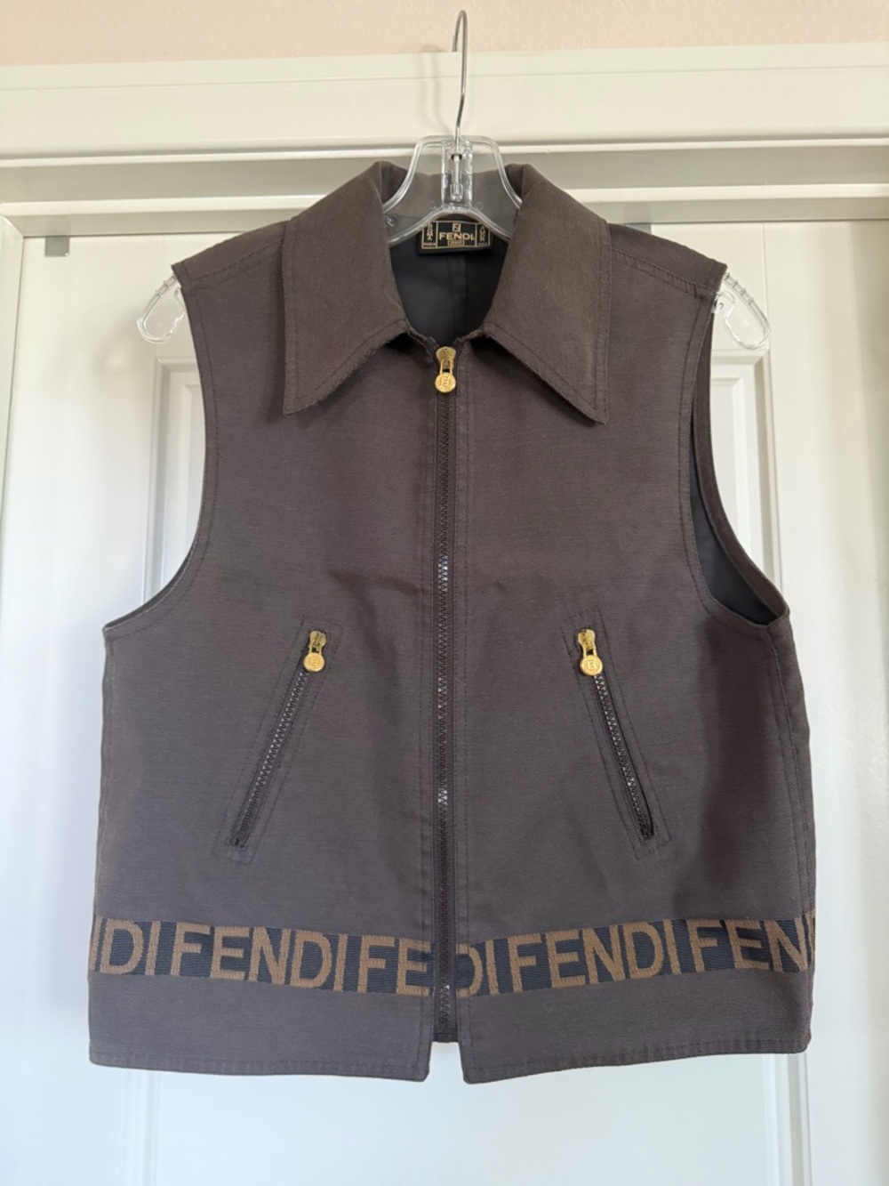 Authentic Fendi Brown Zip-Up Logo Hem Vest with Gold Accents